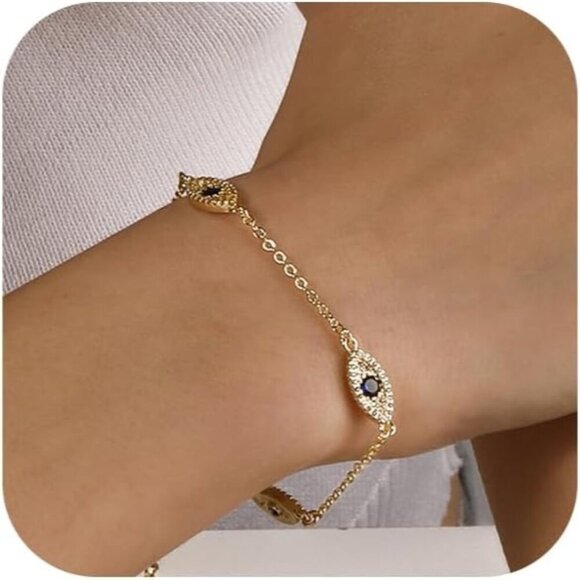 14K Gold Plated Evil Eye Stackable Link Chain Ring Bracelet Hand Chain for Women - Picture 1 of 8